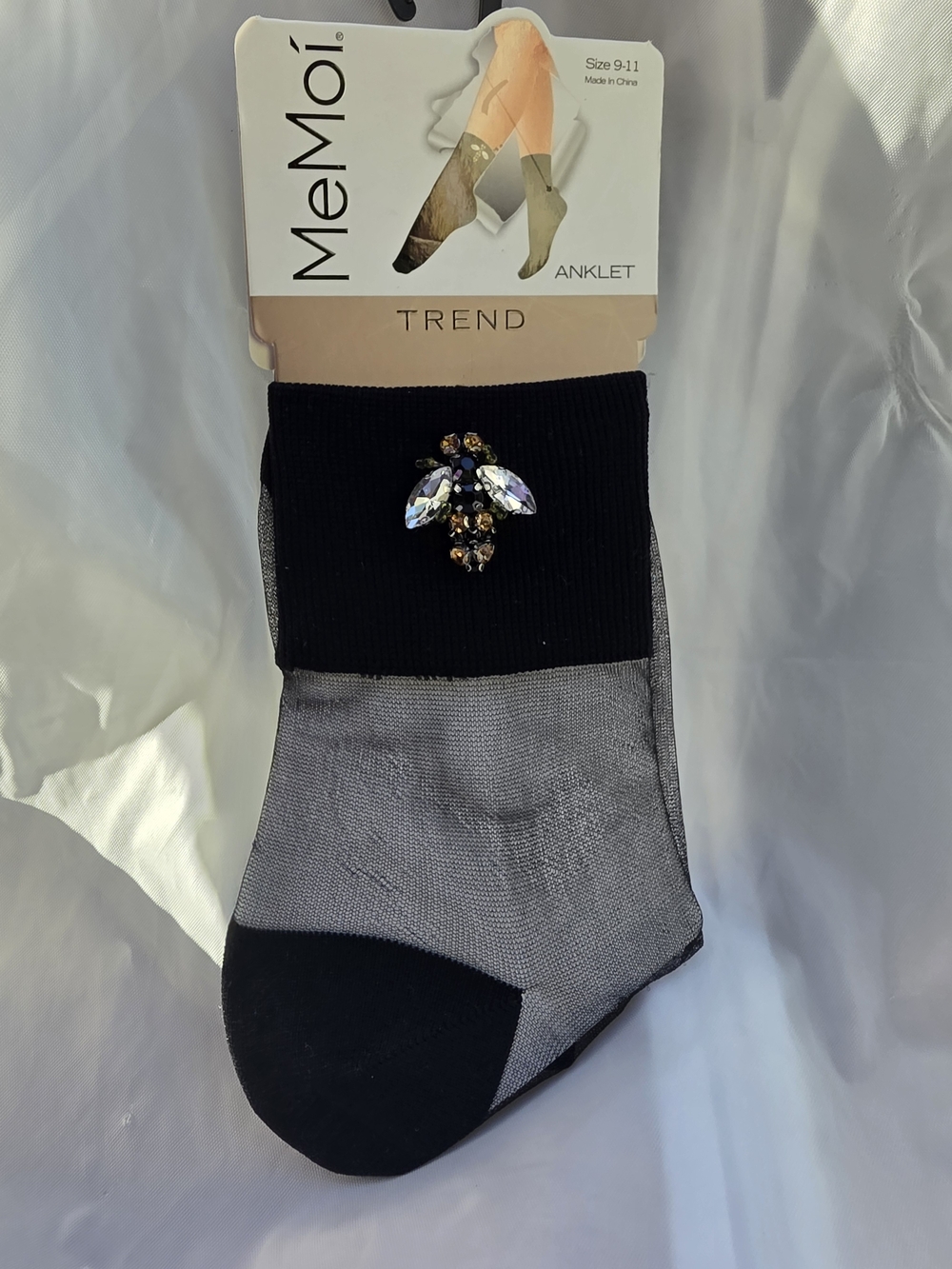 MeMoi Black Sheer Anklet Socks with Jewel Accent